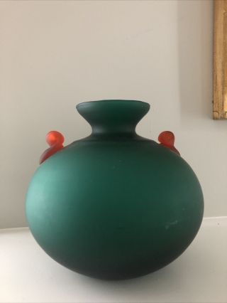 Marc Aurel German Echtkristall Art Glass Green With Orange Handle Vase 8x8”