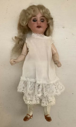 Antique German Bisque Socket Head 7” Doll W/5 Pc.  Compo Body,  Blue Glass Eyes