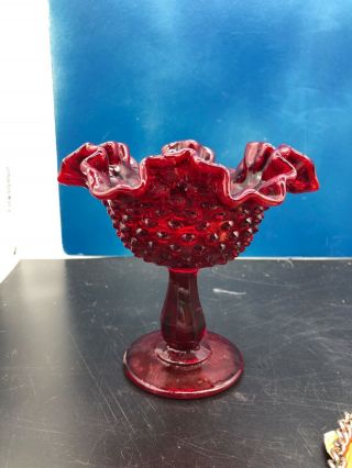 Vintage Fenton Ruby Red Hobnail Glass Ruffled Pedestal Compote Candy Dish Bowl