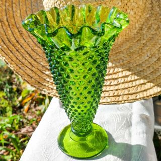 Vintage Fenton Olive Green Glass Hobnail Trumpet Vase Crimped Rim C1960s 6 " Usa