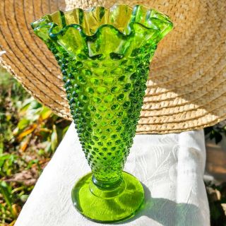 Vintage Fenton Olive Green Glass Hobnail Trumpet Vase Crimped Rim c1960s 6 