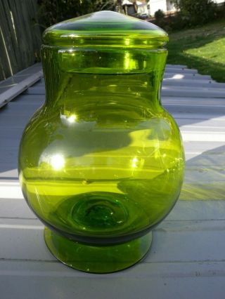Vintage Blenko Blown Art Glass Green Jar Lid Candy Ginger Fairy Garden Terrarium