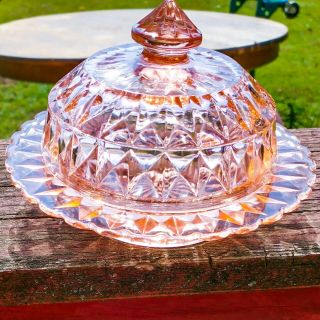 Vintage Jeannette Pink Depression Glass Round Butter Dish W/ Lid Windsor Diamond
