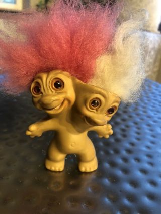 Vintage Two - Headed Troll Doll,  Uneeda 1965,  Pink And White Hair,