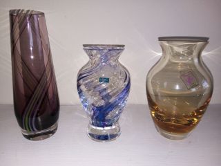 Caithness Glass Posy Or Bud Vases X3,  Crystal Glass,  Teardrop,  Blue,  Purple