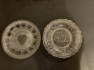 2 Antique Lacy Glass Flint Cup Plates Boston & Sandwich 447 & 440b Hearts