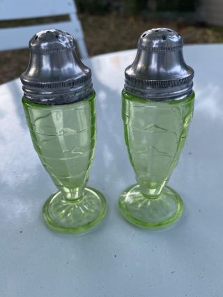 Anchor Hocking Block Optic Green Footed Salt & Pepper Shakers