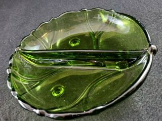 Vintage Green Glass Divided Relish Nut Candy Olive Pickles Footed Dish