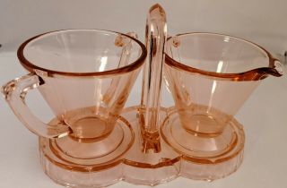 Vintage 1930s Art Deco Pink Depression Glass Cream & Sugar Set W Caddy Euc Jl