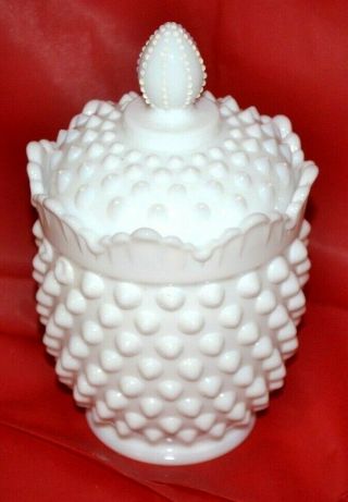 Vintage Fenton White Hobnail Milk Glass 5 1/2 " Footed Covered Sugar Bowl Trinket