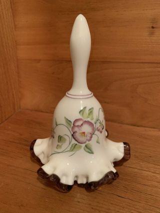 Fenton Plum Crest Milk Glass Hand Painted Bell Pansies,  Signed 7” X 5”