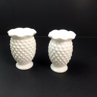 2 Vintage Fenton Hobnail White Milk Glass Vases With Ruffle Edge 4 " Tall
