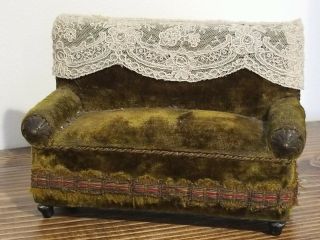 Antique Dollhouse German Sofa Green Velvet Lace Couch Brass Metal Trim C 1900