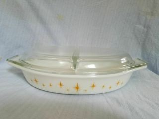 Pyrex 1 1/2 Quart Covered Divided Oval Shaped Casserole Gold Star Constellation