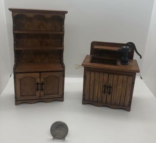 Miniature Dollhouse Wooden Kitchen Hutch And Dry Sink Signed By Thomas Boytim