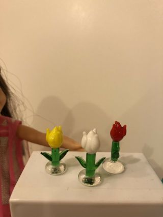 Tiny Micro Handblown Glass Tulip Flowers Set Of Three Dollhouse