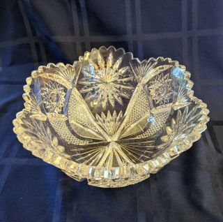 Antique American Brilliant Cut Flared Scalloped Sawtooth Rim 9 1/8 " Crystal Bowl