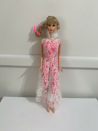 60s Vintage Mod Talking Barbie Blonde Side Ponytail In Vtg Jump Into Lace Outfit