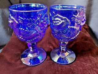 Goblets (2) Blue Glass,  Looks Like A Rose Petal Pattern,  6.  5 " X 3.  25 ",  16 Oz.