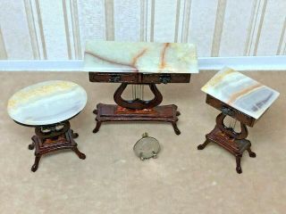 Dollhouse Miniature Vintage Set Of 3 Marble Top Harp Or Lyre Shape Tables 1:12