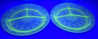 Set Of 2 Antique Green Depression Uranium Glass Divided 10 1/4” Plates