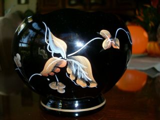 Fenton Hand Painted " Fall Leaf " Signed Black Glass Rose Bowl