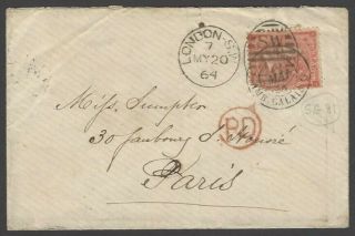 Gb 1862 - 4 4d Bright Red Hairlines On 1864 Cover To France Sg 81 £300