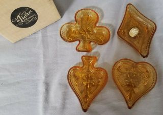 Vtg Tiara Exclusives Sandwich Pattern Amber Card Suits Ashtrays,  Complete Set