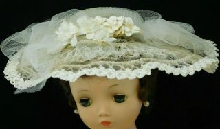 Vntg Madame Alexander Cissy White Horsehair Straw Hat Ivory Flowers & Tulle