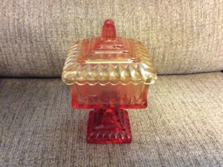 Vintage Indiana Glass Amberina Carnival Square Covered Candy Dish