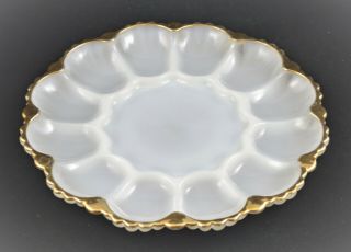 Vintage A.  H.  Fire King White Milk Glass Devided Egg Plate W/ Gold