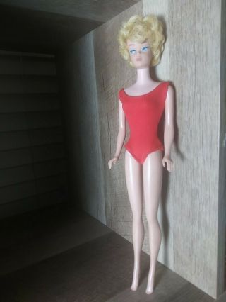 Vtg 60s Blonde Bubblecut Barbie Straight Legs Doll In Red Suit Outfit