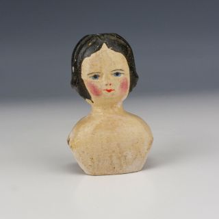 Antique Carved Wood & Hand Painted - Folk Art Dolls Shoulder Head