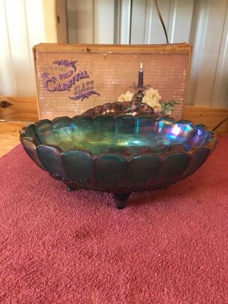 Iridescent Gold Carnival Glass Oval Bowl In Orginal Box
