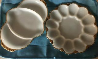 Fire King Milk Glass Divided Relish Dish & Egg Platter With Gold Trim