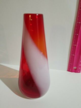 Vintage Hand Blown Art Glass Vase Red/yellow White Swirl 5.  5 "