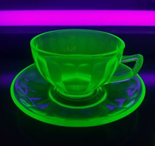 Antique Federal Stamped Green Vaseline Uranium Depression Glass Tea Cup Saucer