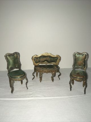 Antique Dollhouse French? Metal 1800’s Couch And 2 Chairs Set Green Silk
