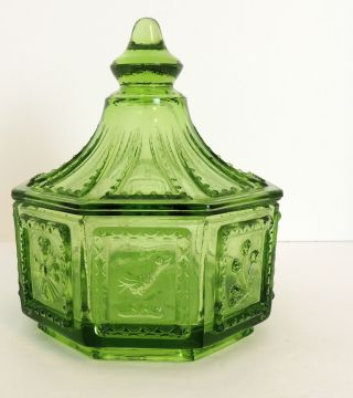 Vintage Green Glass Covered Candy Jar Vanity Trinket Flaw