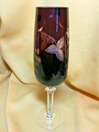Polish Cut To Clear Crystal Amethyst Champagne Flute - Grape And Leaf