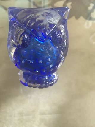 Vintage Blue Art Glass Owl Paperweight/figurine Controlled Bubbles Cobalt Blue
