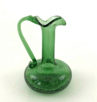 Vintage Mid - Century Modern Green Crackle Glass Cruet 1960s