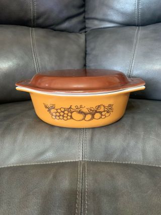 Vintage Pyrex Casserole Dish With Lid Brown And Gold Fruit Pattern 1.  5 Qt