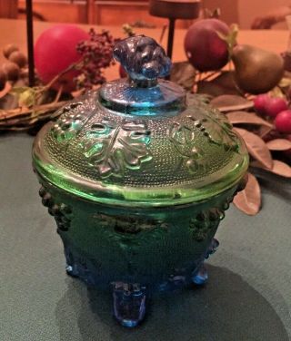 Vintage Jeannette Blue Green Footed Covered Candy Dish Bowl Grapes Motif 2 Pc