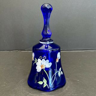 Fenton Glass Bell Cobalt Blue Hand Painted Signed 6.  5” Tall