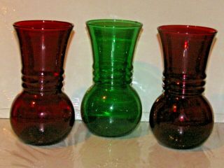 3 Vintage Anchor Hocking Ruby Red & Forest Green Ribbed Bulb Vases - 6 3/8 " Tall