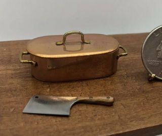 Dollhouse Miniature Vintage Heavy Copper Cooking Pot With Lid And Butcher Knife