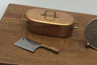 Dollhouse Miniature Vintage Heavy Copper Cooking Pot With Lid And Butcher Knife 2