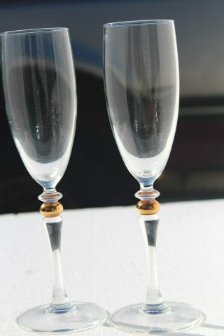 Two Vintage Luminarc Gold Ball Stem Champagne Flutes Wine Glass France Elegant