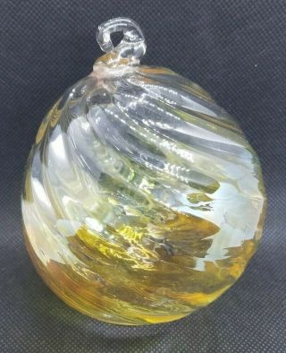 Hand Blown Art Glass Friendship/Witch Ball Sphere Sun Catcher Swirl Amber SIGNED 2